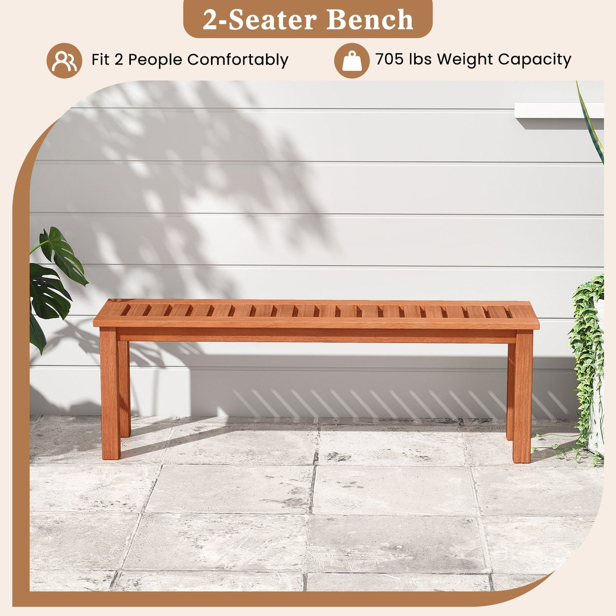 47 Inch Patio Wood Bench with Slatted Seat 2-Person