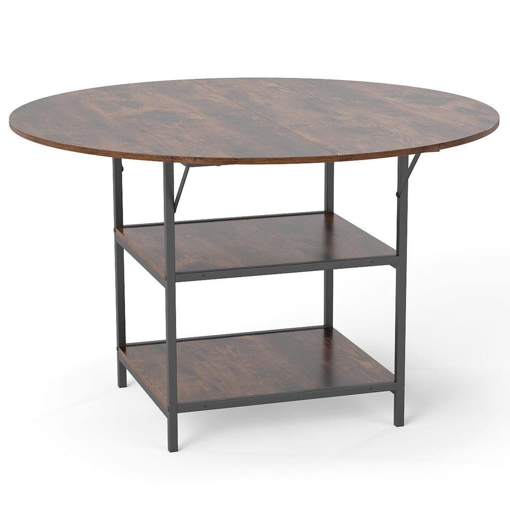 47 Inch Round Dining Table for 4-6 People Large Kitchen Table with 2-Tier Storage Shelves-Rustic Brown