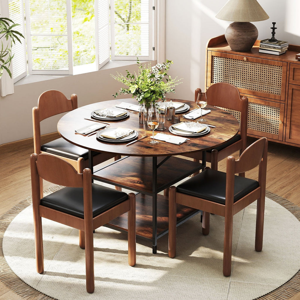 47 Inch Round Dining Table for 4-6 People Large Kitchen Table with 2-Tier Storage Shelves-Rustic Brown