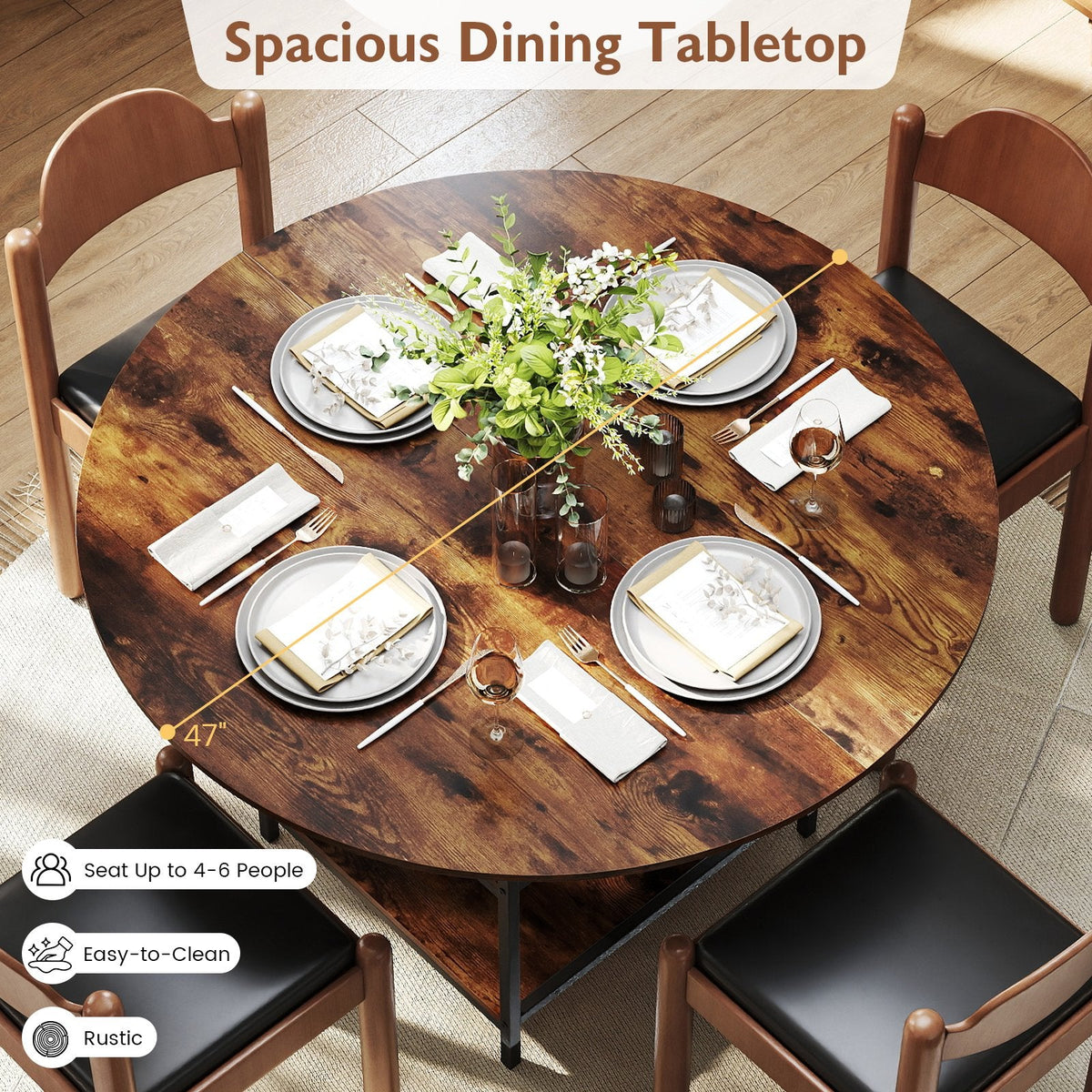47 Inch Round Dining Table for 4-6 People Large Kitchen Table with 2-Tier Storage Shelves-Rustic Brown