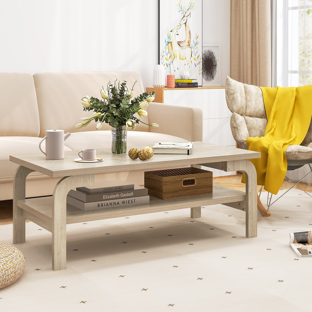 47 Inch Rectangular Coffee Table with Open Shelf, Oak Look Finish