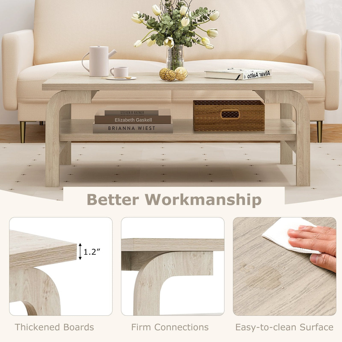 47 Inch Rectangular Coffee Table with Open Shelf, Oak Look Finish