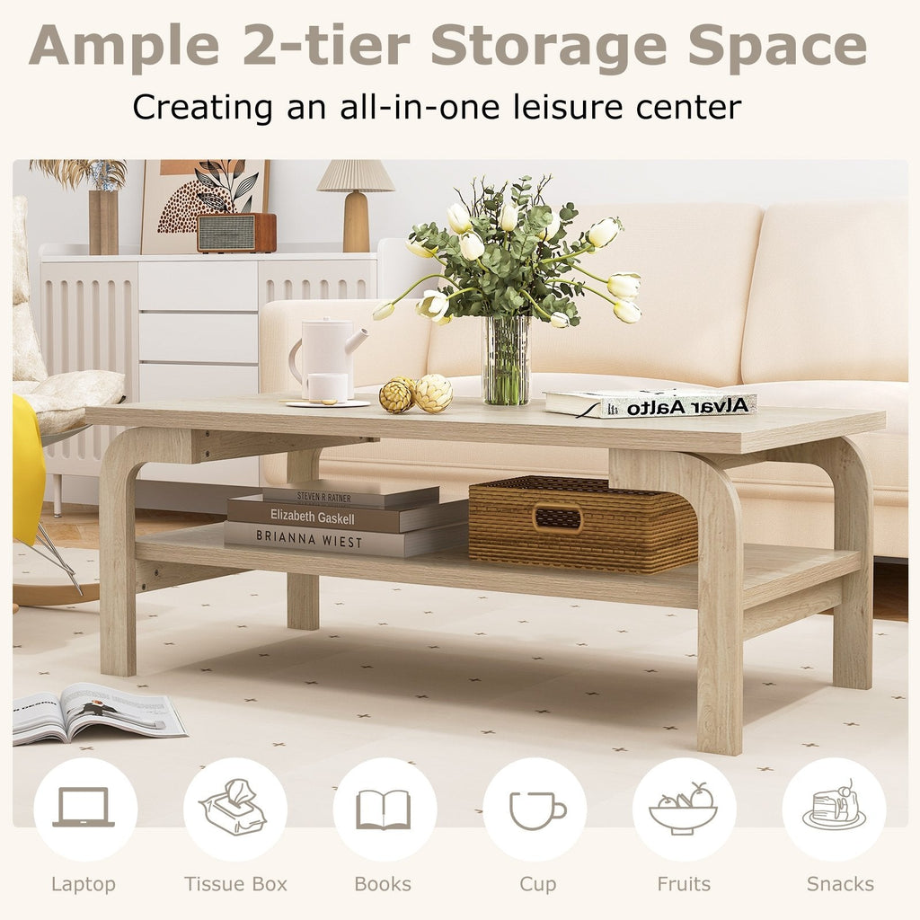 47 Inch Rectangular Coffee Table with Open Shelf, Oak Look Finish