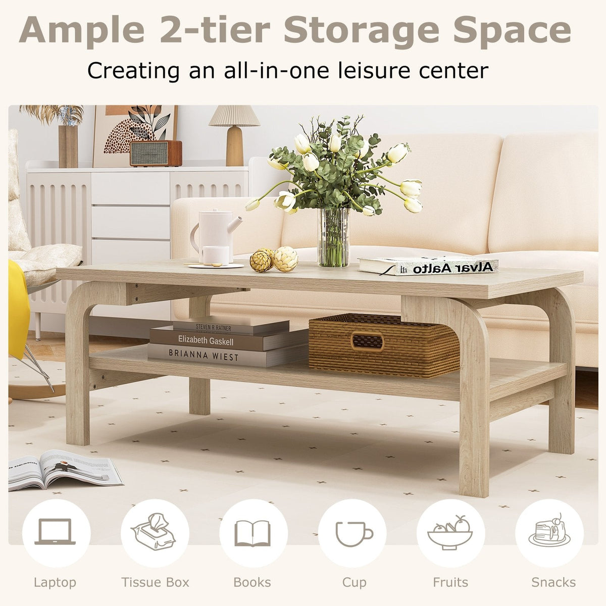 47 Inch Rectangular Coffee Table with Open Shelf, Oak Look Finish