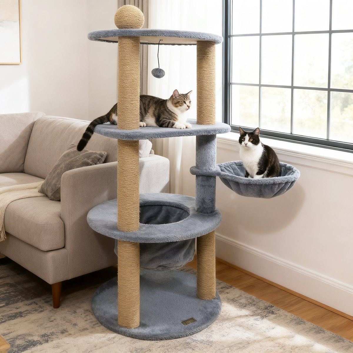 47 Inch Cat Tower with Rotatable Basket Bed, Deep Nest and Scratching Ball, Gray