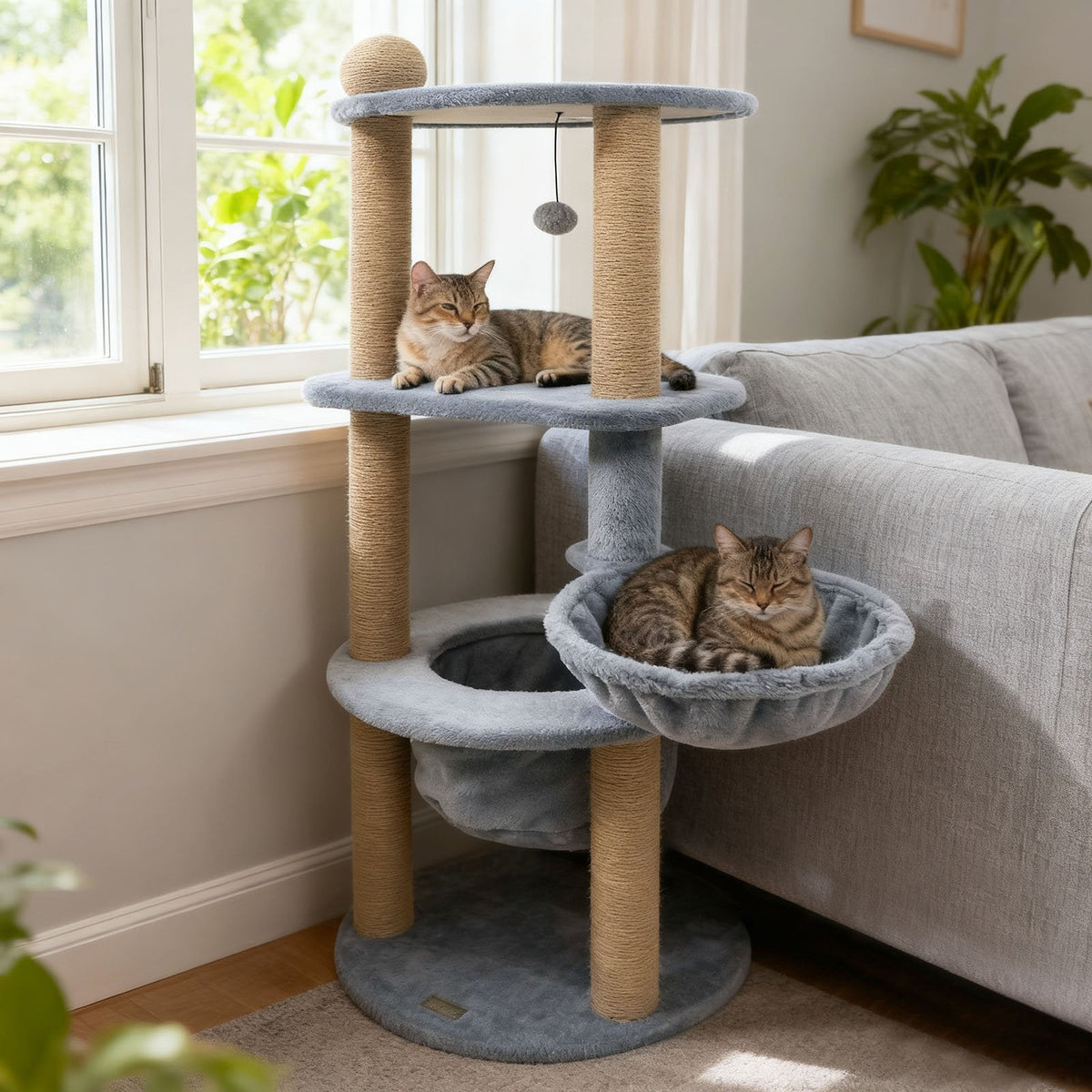 47 Inch Cat Tower with Rotatable Basket Bed, Deep Nest and Scratching Ball, Gray