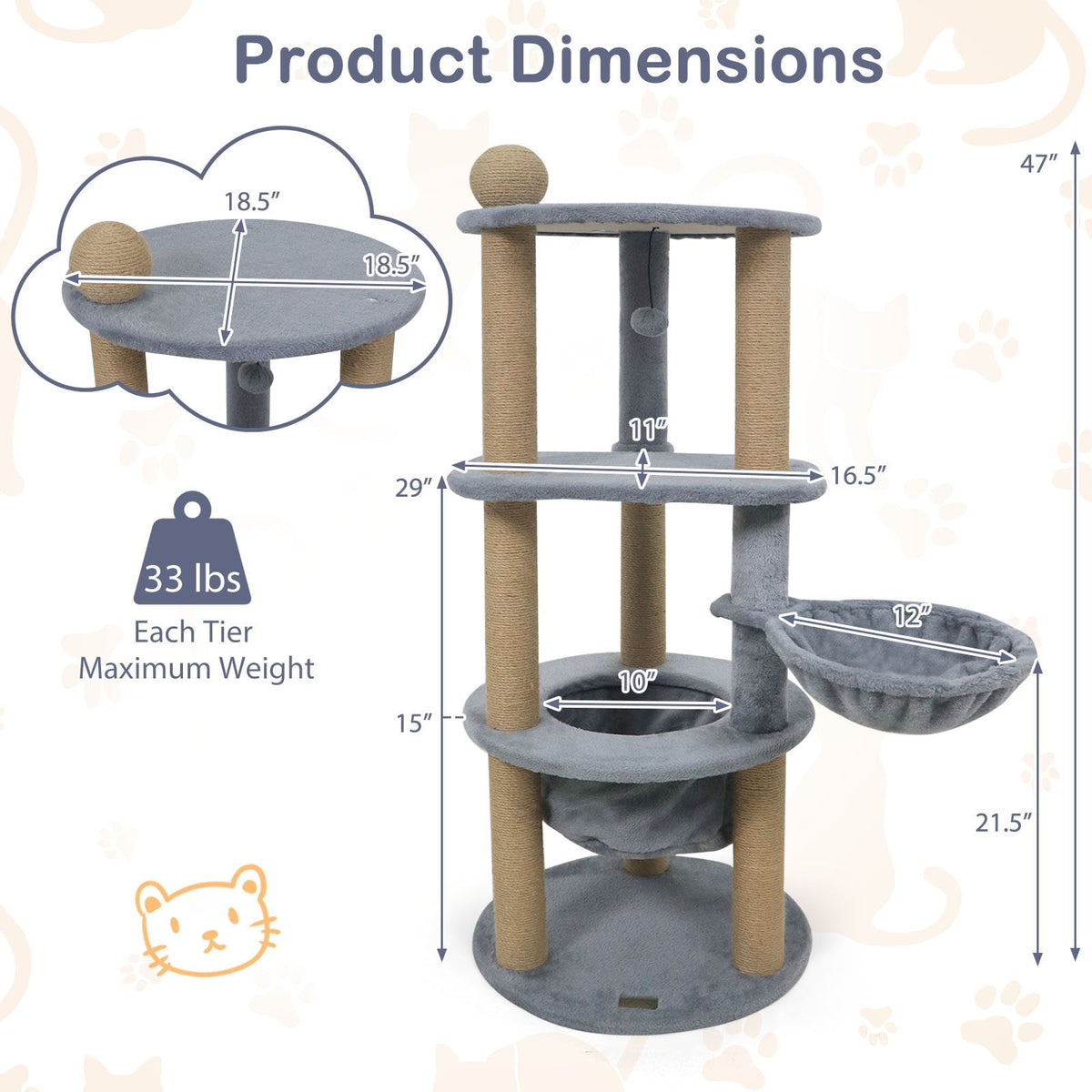 47 Inch Cat Tower with Rotatable Basket Bed, Deep Nest and Scratching Ball, Gray
