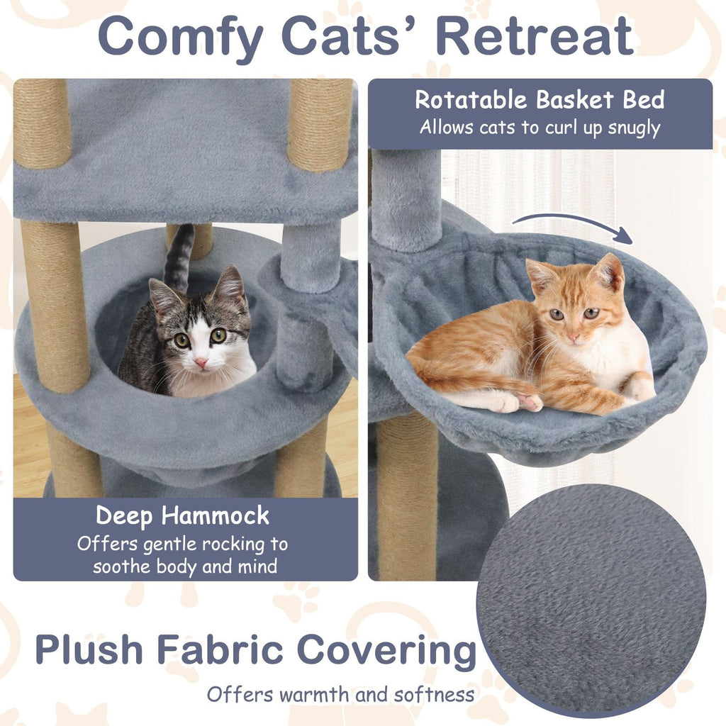 47 Inch Cat Tower with Rotatable Basket Bed, Deep Nest and Scratching Ball, Gray
