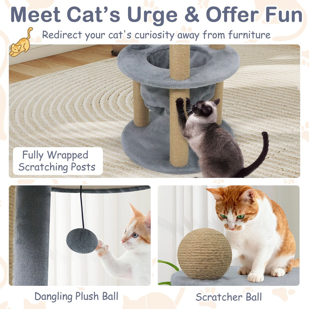 47 Inch Cat Tower with Rotatable Basket Bed, Deep Nest and Scratching Ball, Gray