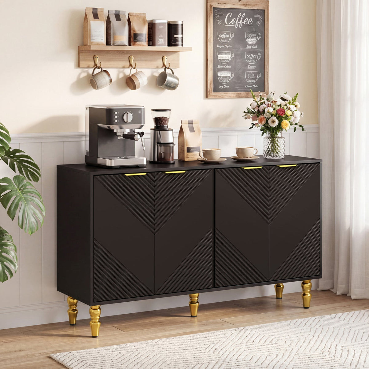 47 inches Sideboard Buffet Cabinet with 4 Chevron Fluted Doors & Anti-Toppling Devices for Kitchen-Black