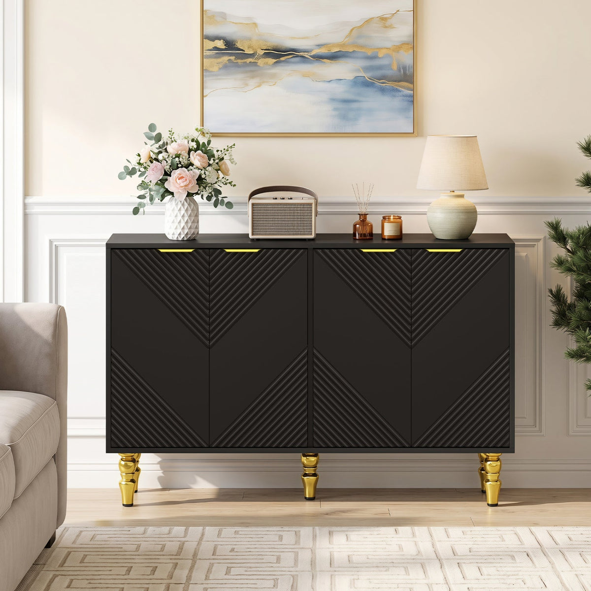 47 inches Sideboard Buffet Cabinet with 4 Chevron Fluted Doors & Anti-Toppling Devices for Kitchen-Black