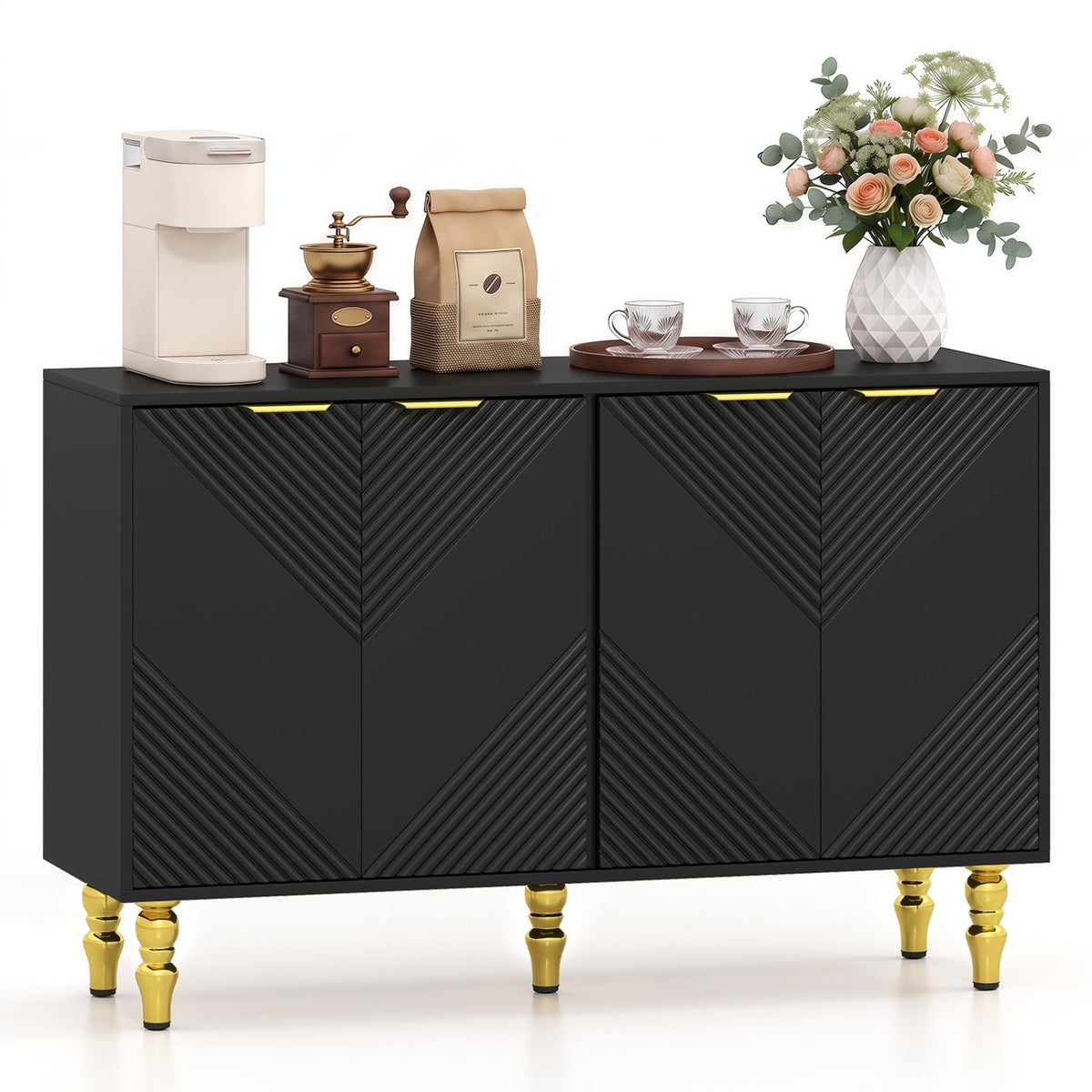 47 inches Sideboard Buffet Cabinet with 4 Chevron Fluted Doors & Anti-Toppling Devices for Kitchen-Black