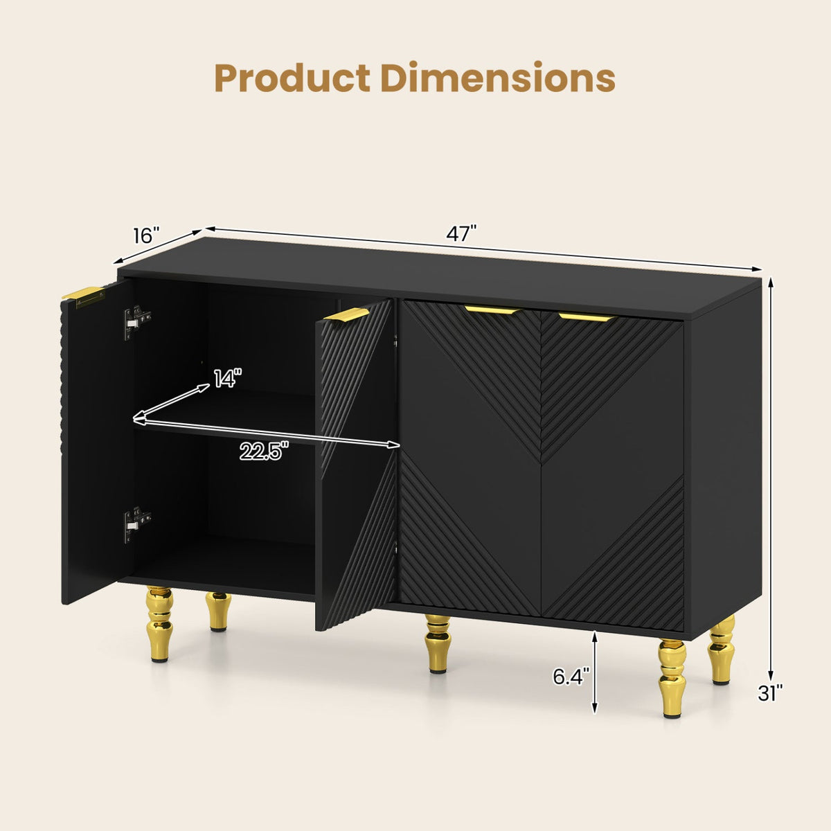 47 inches Sideboard Buffet Cabinet with 4 Chevron Fluted Doors & Anti-Toppling Devices for Kitchen-Black