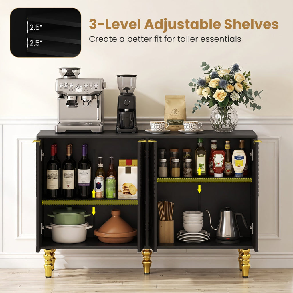 47 inches Sideboard Buffet Cabinet with 4 Chevron Fluted Doors & Anti-Toppling Devices for Kitchen-Black