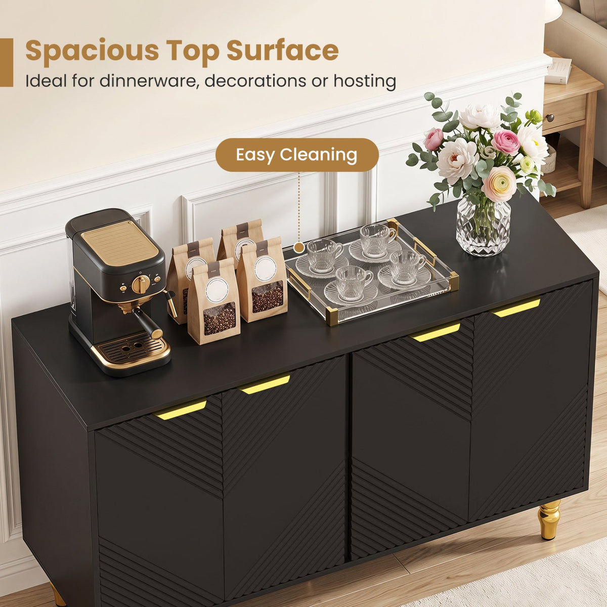 47 inches Sideboard Buffet Cabinet with 4 Chevron Fluted Doors & Anti-Toppling Devices for Kitchen-Black