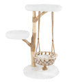 48.5 Inch Solid Pear Wood Cat Tree with Hand Woven Hanging Cradle and Jute Post, White