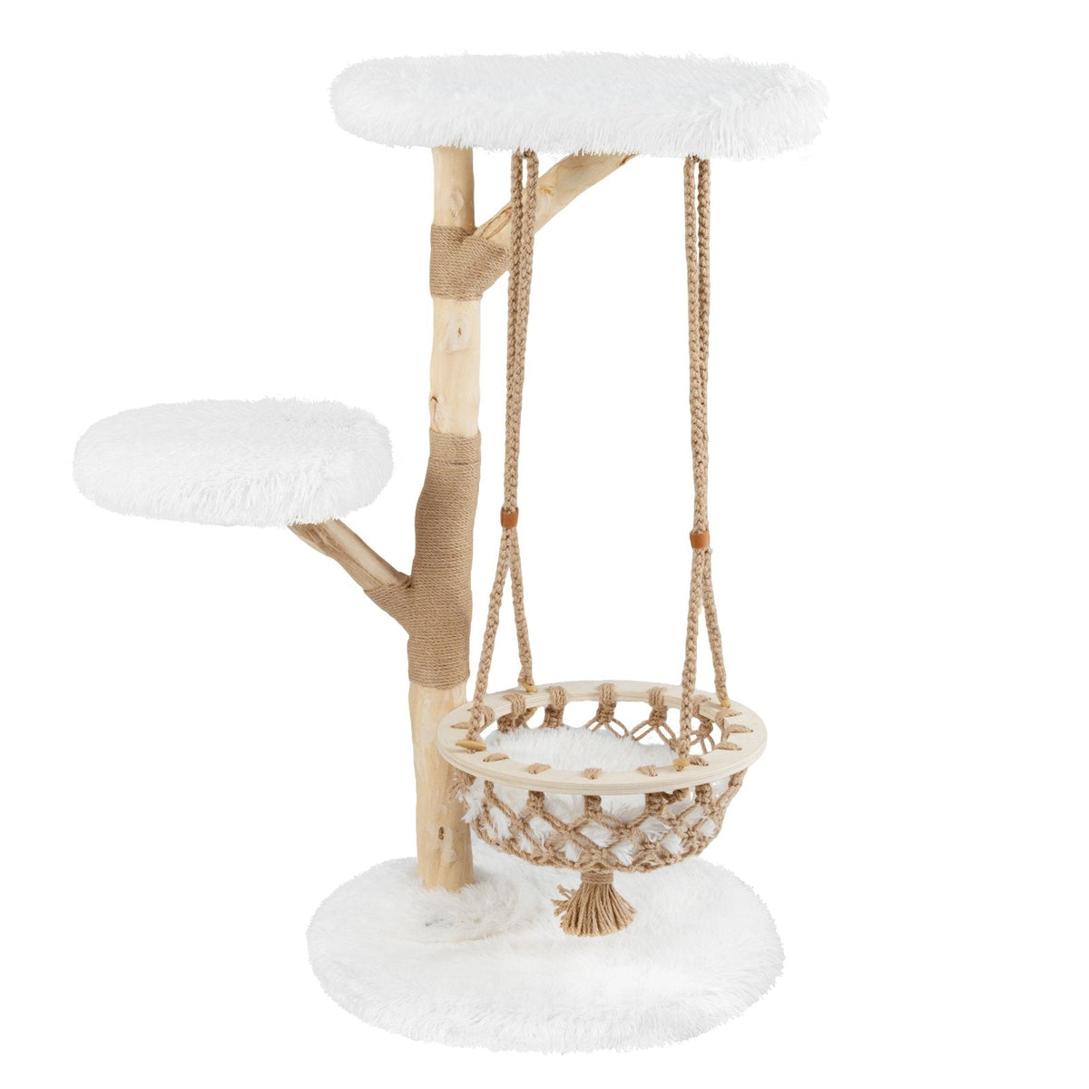 48.5 Inch Solid Pear Wood Cat Tree with Hand Woven Hanging Cradle and Jute Post, White