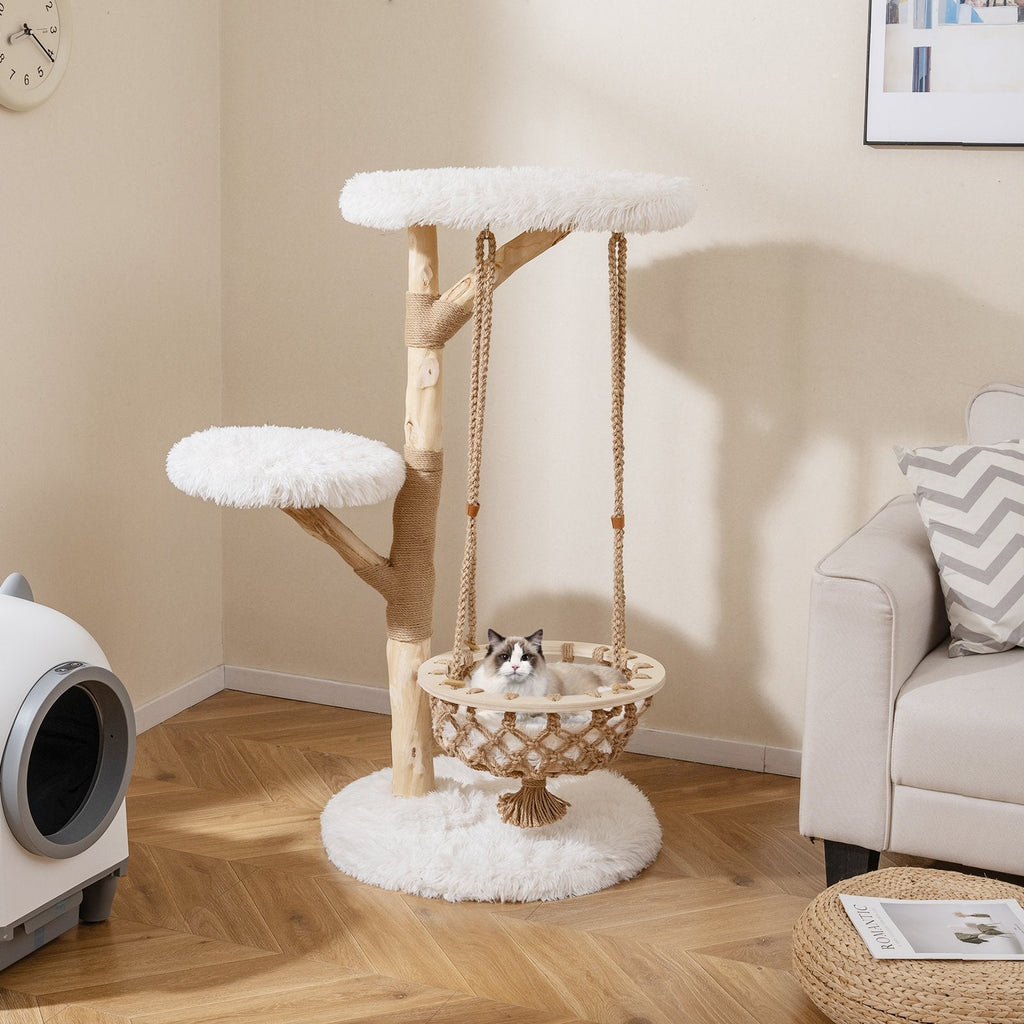 48.5 Inch Solid Pear Wood Cat Tree with Hand Woven Hanging Cradle and Jute Post, White
