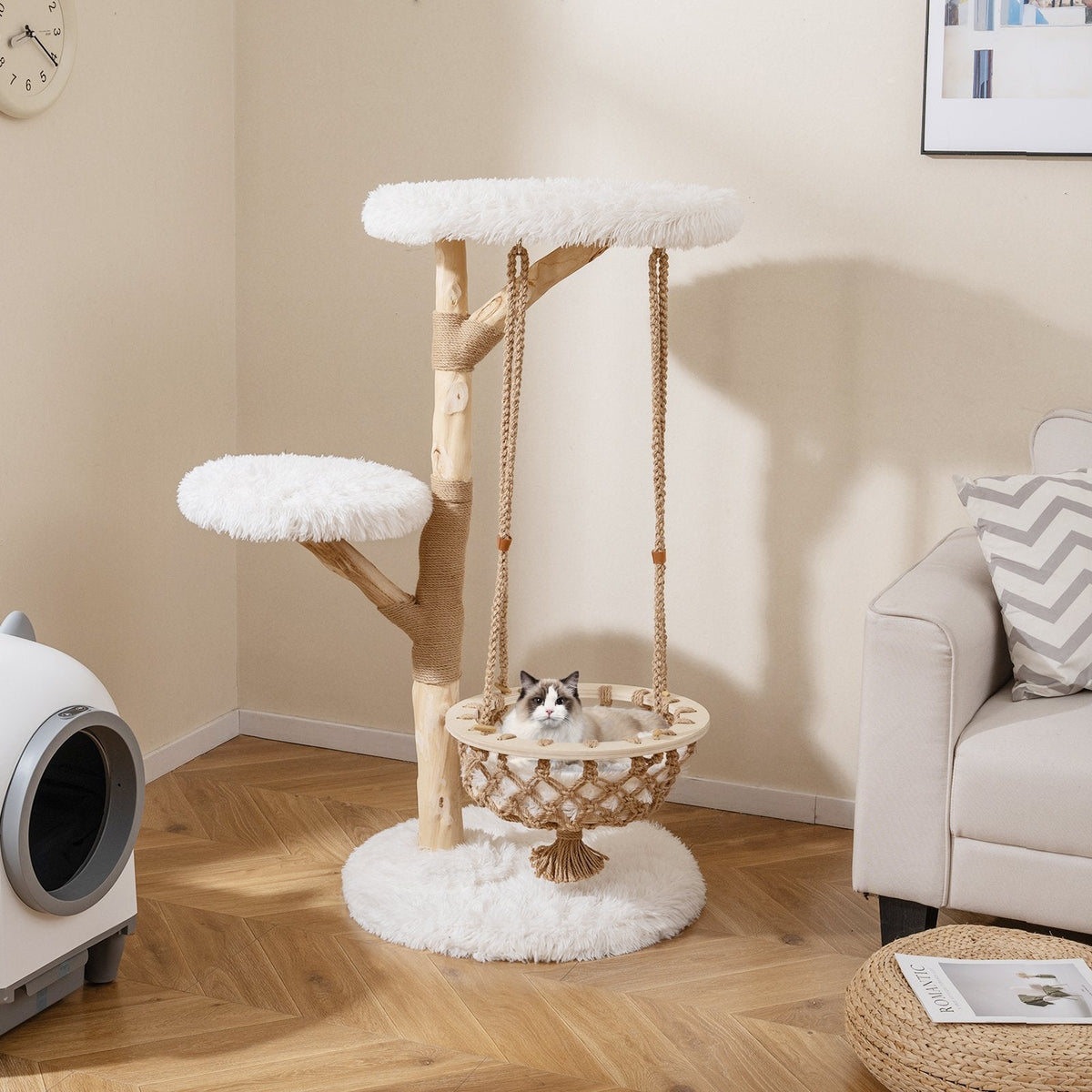 48.5 Inch Solid Pear Wood Cat Tree with Hand Woven Hanging Cradle and Jute Post, White