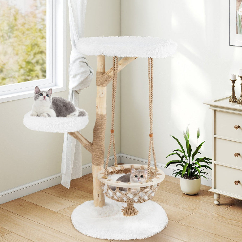 48.5 Inch Solid Pear Wood Cat Tree with Hand Woven Hanging Cradle and Jute Post, White
