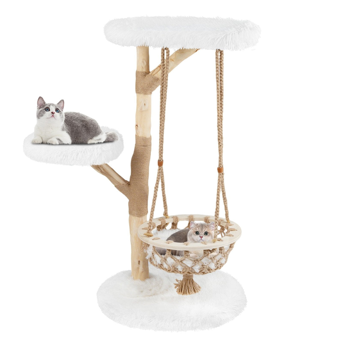 48.5 Inch Solid Pear Wood Cat Tree with Hand Woven Hanging Cradle and Jute Post, White