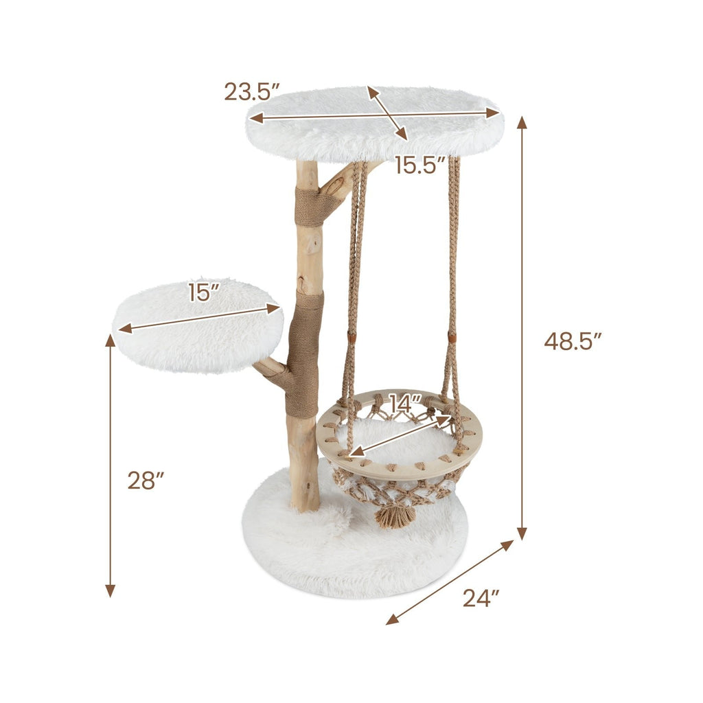 48.5 Inch Solid Pear Wood Cat Tree with Hand Woven Hanging Cradle and Jute Post, White