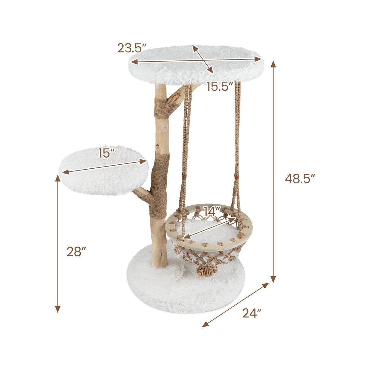 48.5 Inch Solid Pear Wood Cat Tree with Hand Woven Hanging Cradle and Jute Post, White