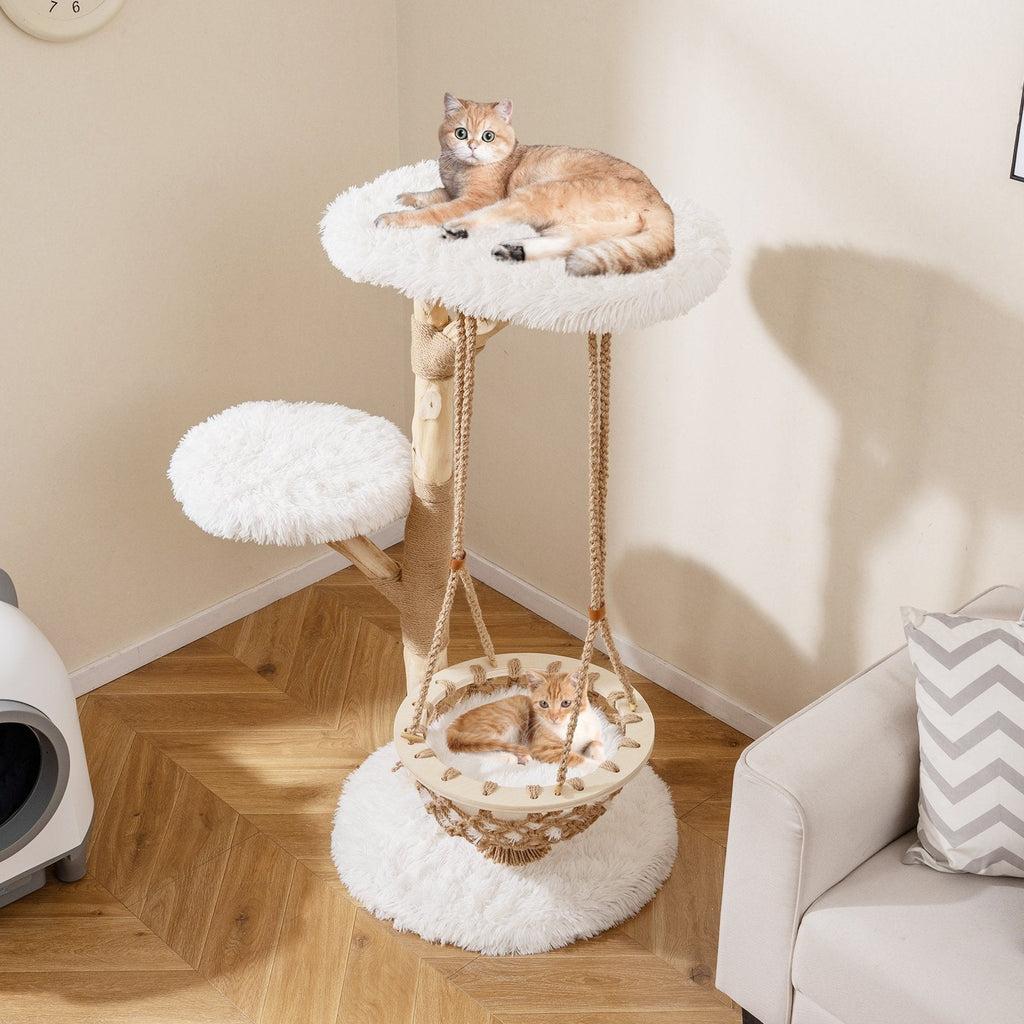 48.5 Inch Solid Pear Wood Cat Tree with Hand Woven Hanging Cradle and Jute Post, White