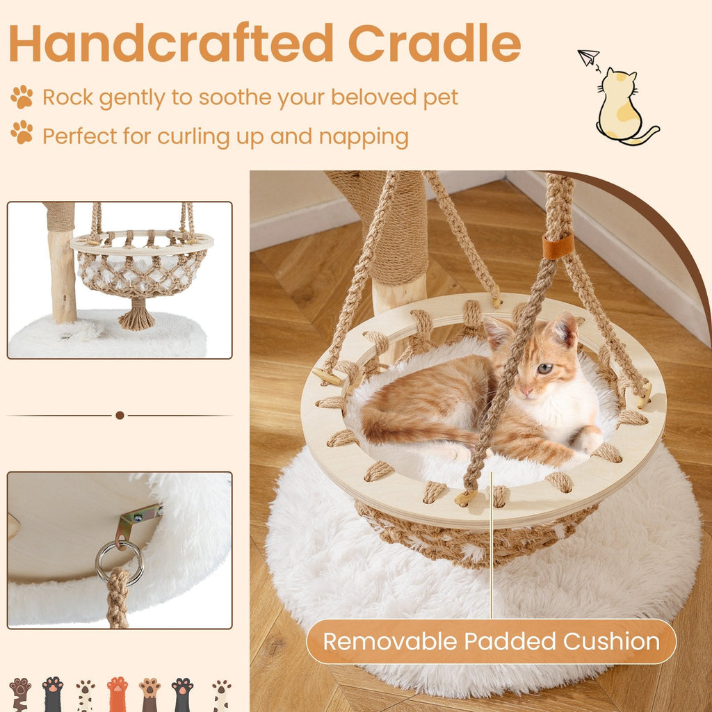 48.5 Inch Solid Pear Wood Cat Tree with Hand Woven Hanging Cradle and Jute Post, White