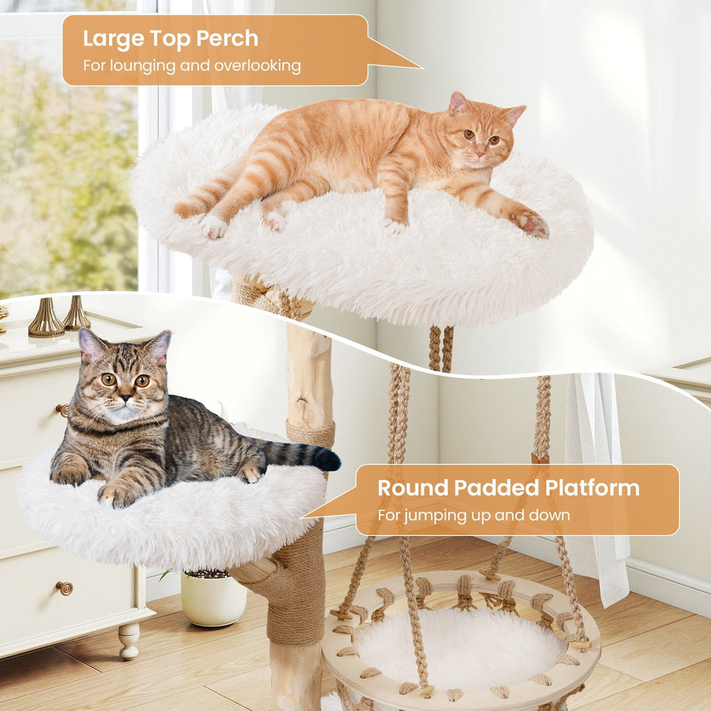 48.5 Inch Solid Pear Wood Cat Tree with Hand Woven Hanging Cradle and Jute Post, White