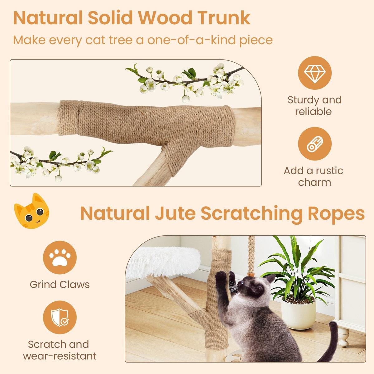48.5 Inch Solid Pear Wood Cat Tree with Hand Woven Hanging Cradle and Jute Post, White