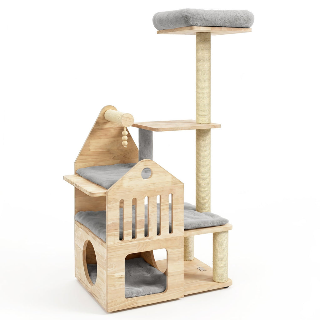 48.5 Inch Grey Solid Rubber Wood Cat Tree with Slatted Condo, Washable Cushions and Sisal Posts