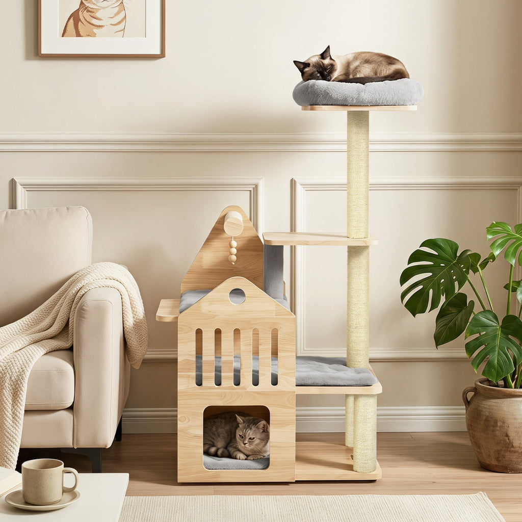 48.5 Inch Grey Solid Rubber Wood Cat Tree with Slatted Condo, Washable Cushions and Sisal Posts