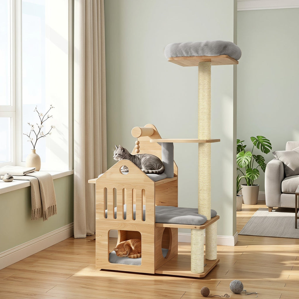 48.5 Inch Grey Solid Rubber Wood Cat Tree with Slatted Condo, Washable Cushions and Sisal Posts