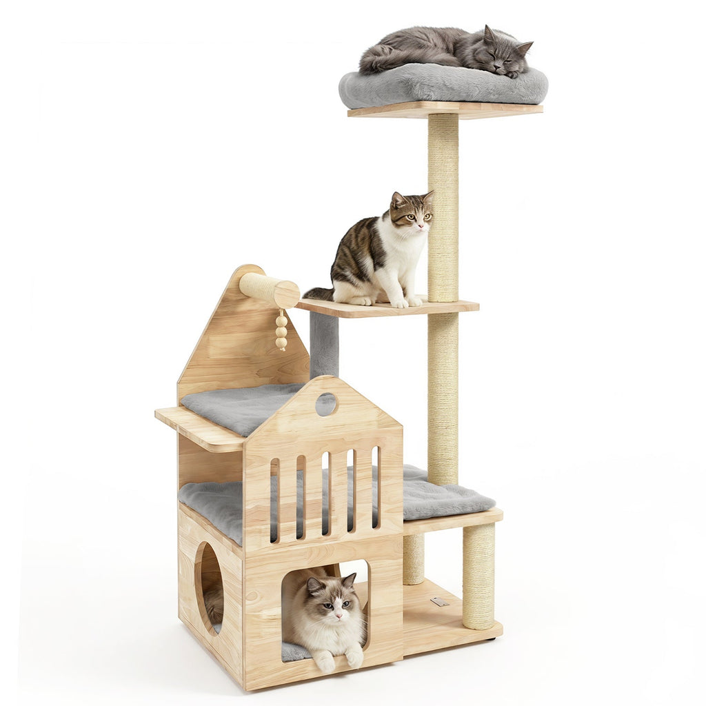 48.5 Inch Grey Solid Rubber Wood Cat Tree with Slatted Condo, Washable Cushions and Sisal Posts