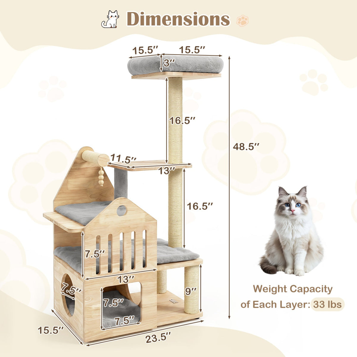 48.5 Inch Grey Solid Rubber Wood Cat Tree with Slatted Condo, Washable Cushions and Sisal Posts