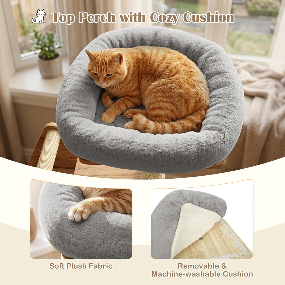 48.5 Inch Grey Solid Rubber Wood Cat Tree with Slatted Condo, Washable Cushions and Sisal Posts