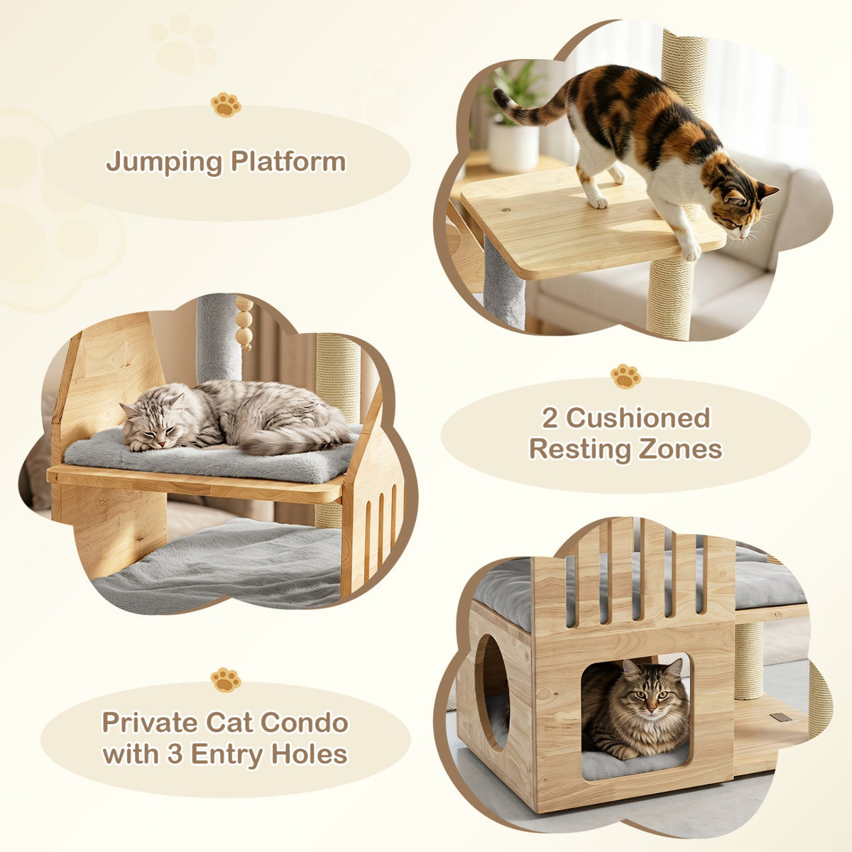 48.5 Inch Grey Solid Rubber Wood Cat Tree with Slatted Condo, Washable Cushions and Sisal Posts