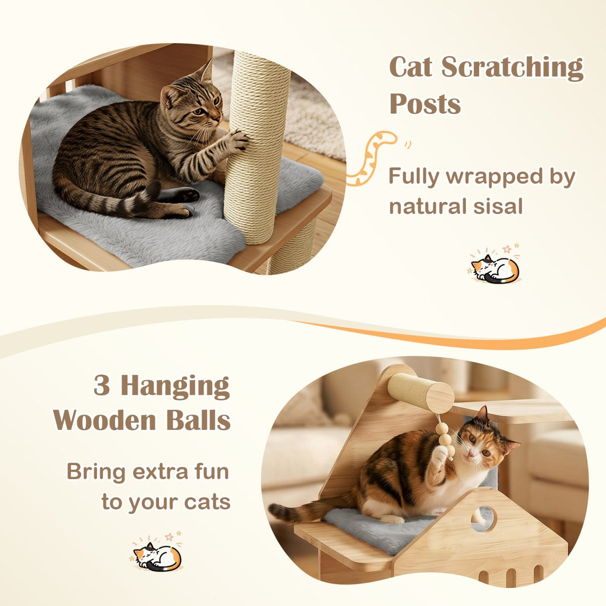 48.5 Inch Grey Solid Rubber Wood Cat Tree with Slatted Condo, Washable Cushions and Sisal Posts
