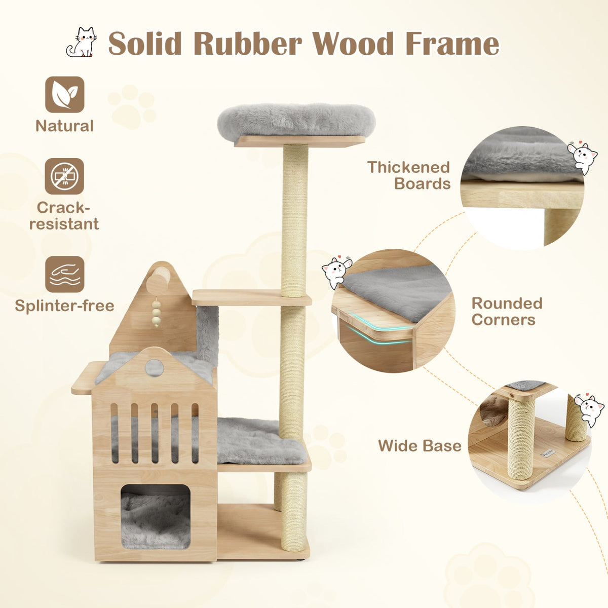 48.5 Inch Grey Solid Rubber Wood Cat Tree with Slatted Condo, Washable Cushions and Sisal Posts