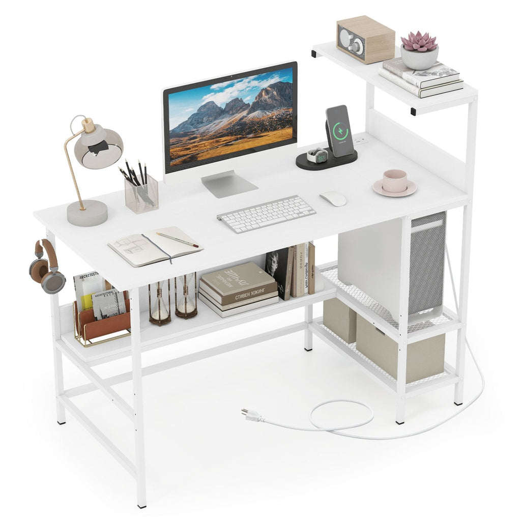 48 Inch Computer Desk with Power Outlets and Storage Shelves-White