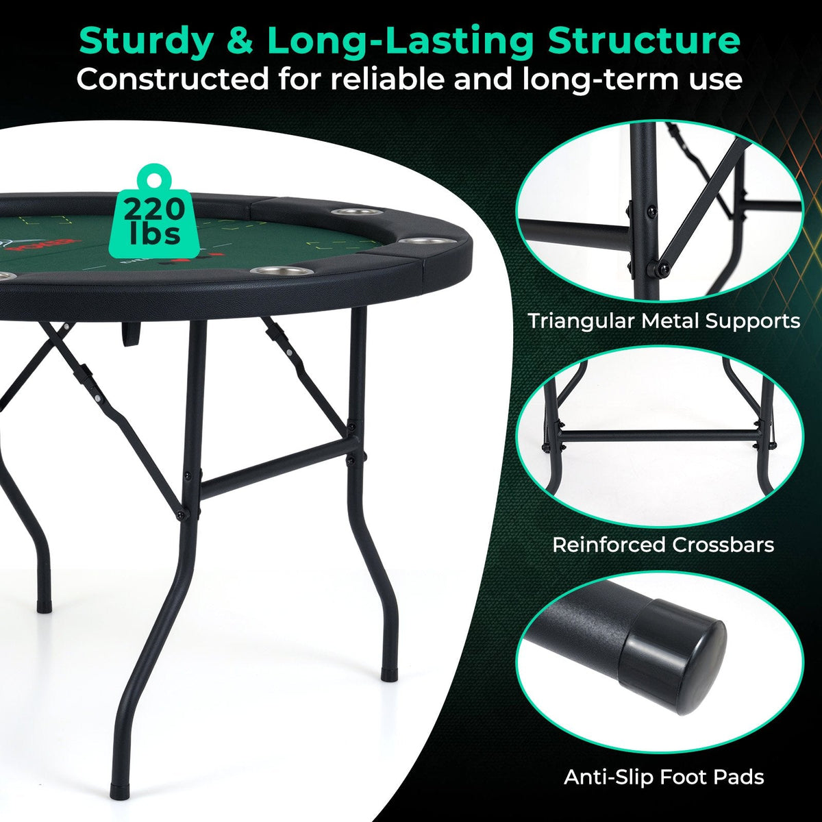 48 Inch Foldable Poker Table with 8 Cup Holders and Padded Edges-Green