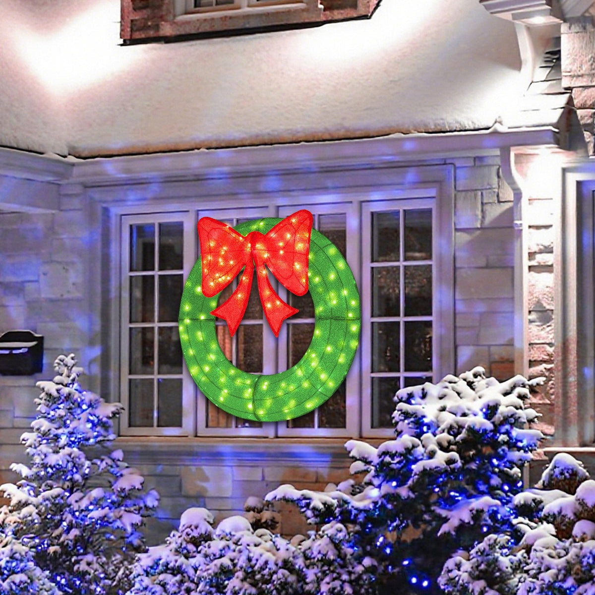 48 Inch Pre-Lit Lighted Christmas Mesh Wreath with Bow and 200 LED Bulbs-Green