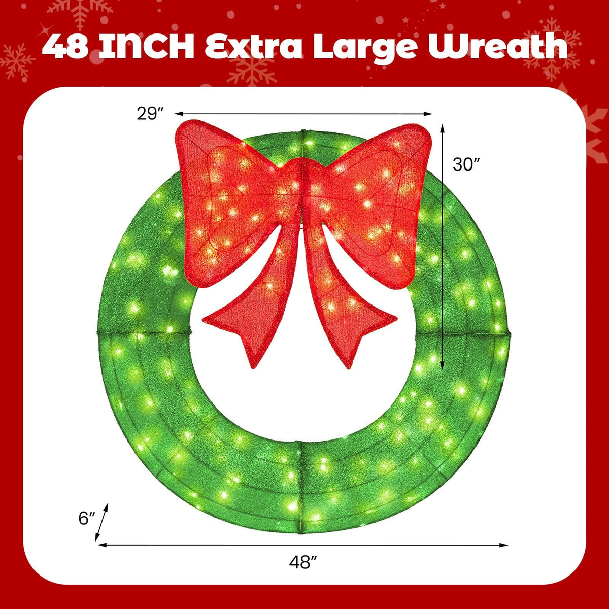 48 Inch Pre-Lit Lighted Christmas Mesh Wreath with Bow and 200 LED Bulbs-Green