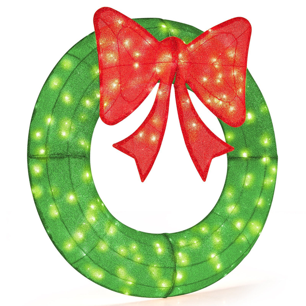 48 Inch Pre-Lit Lighted Christmas Mesh Wreath with Bow and 200 LED Bulbs-Green