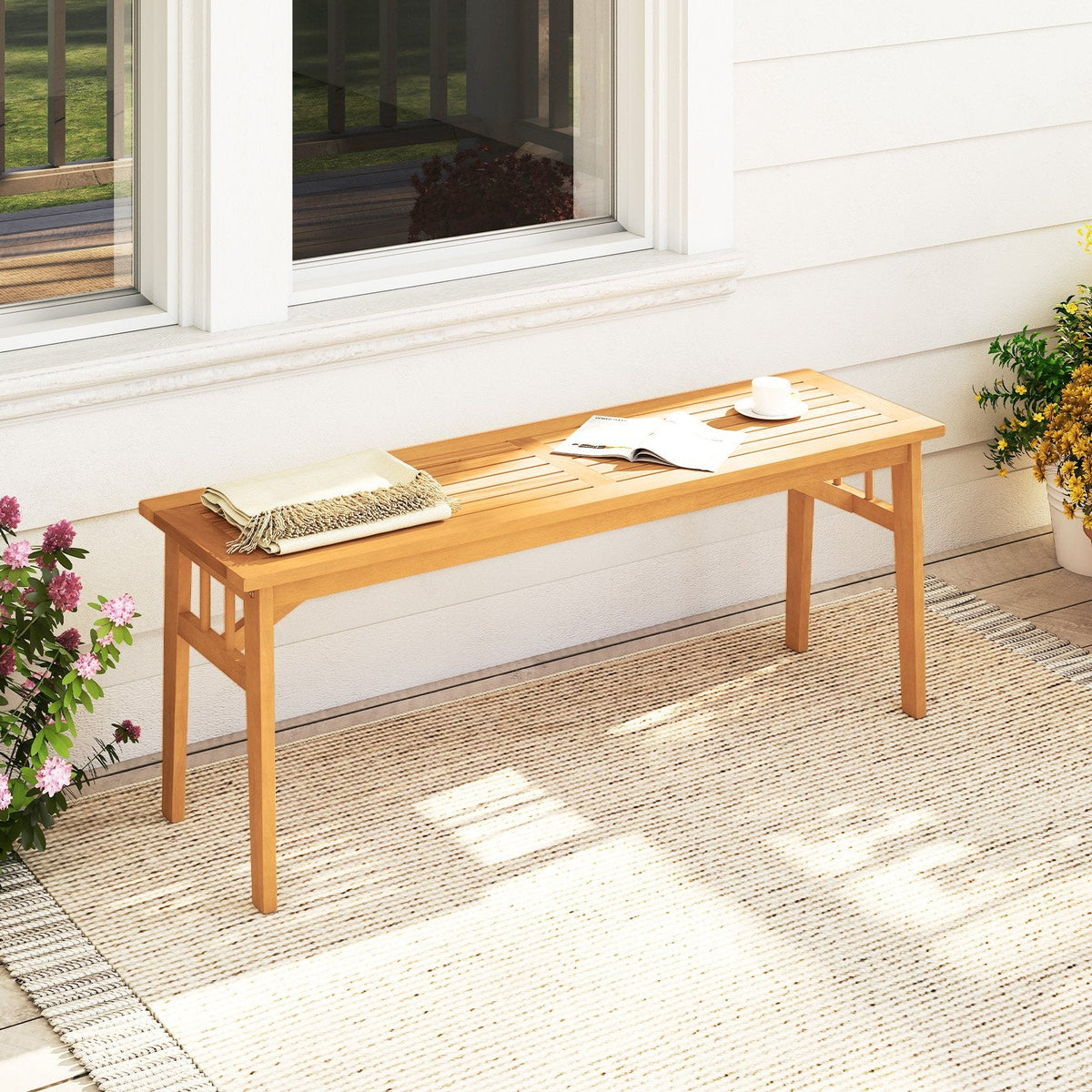 48 Inches Acacia Wood Bench with Breathable Slat Seat and Stable Triangular Structure-1
