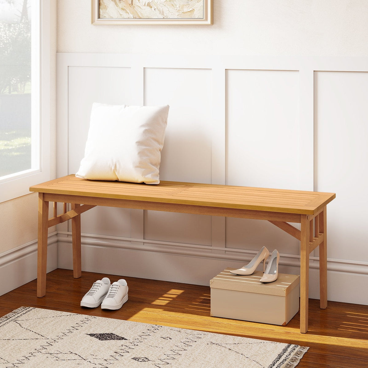 48 Inches Acacia Wood Bench with Breathable Slat Seat and Stable Triangular Structure-1