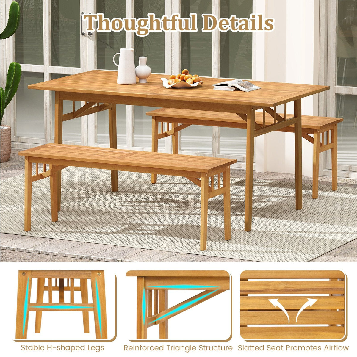 48 Inches Acacia Wood Bench with Breathable Slat Seat and Stable Triangular Structure-1