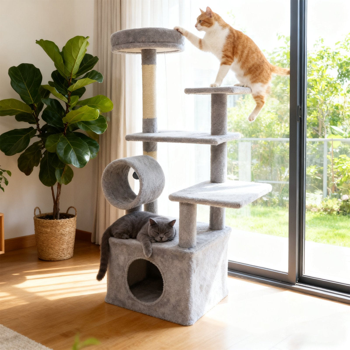 48 Inch Light Gray Cat Tree with Spacious Condo, Tunnel and Three Platforms