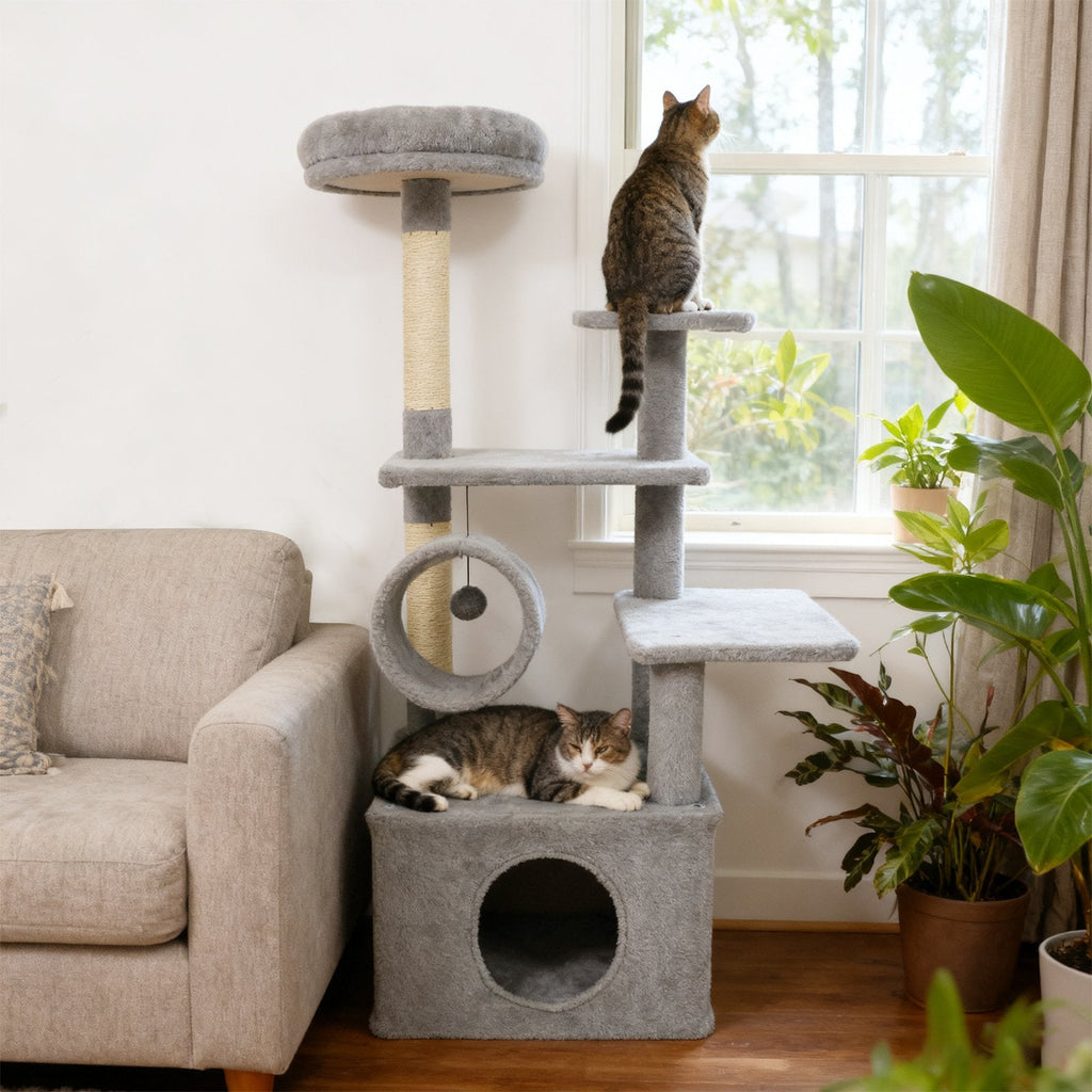 48 Inch Light Gray Cat Tree with Spacious Condo, Tunnel and Three Platforms